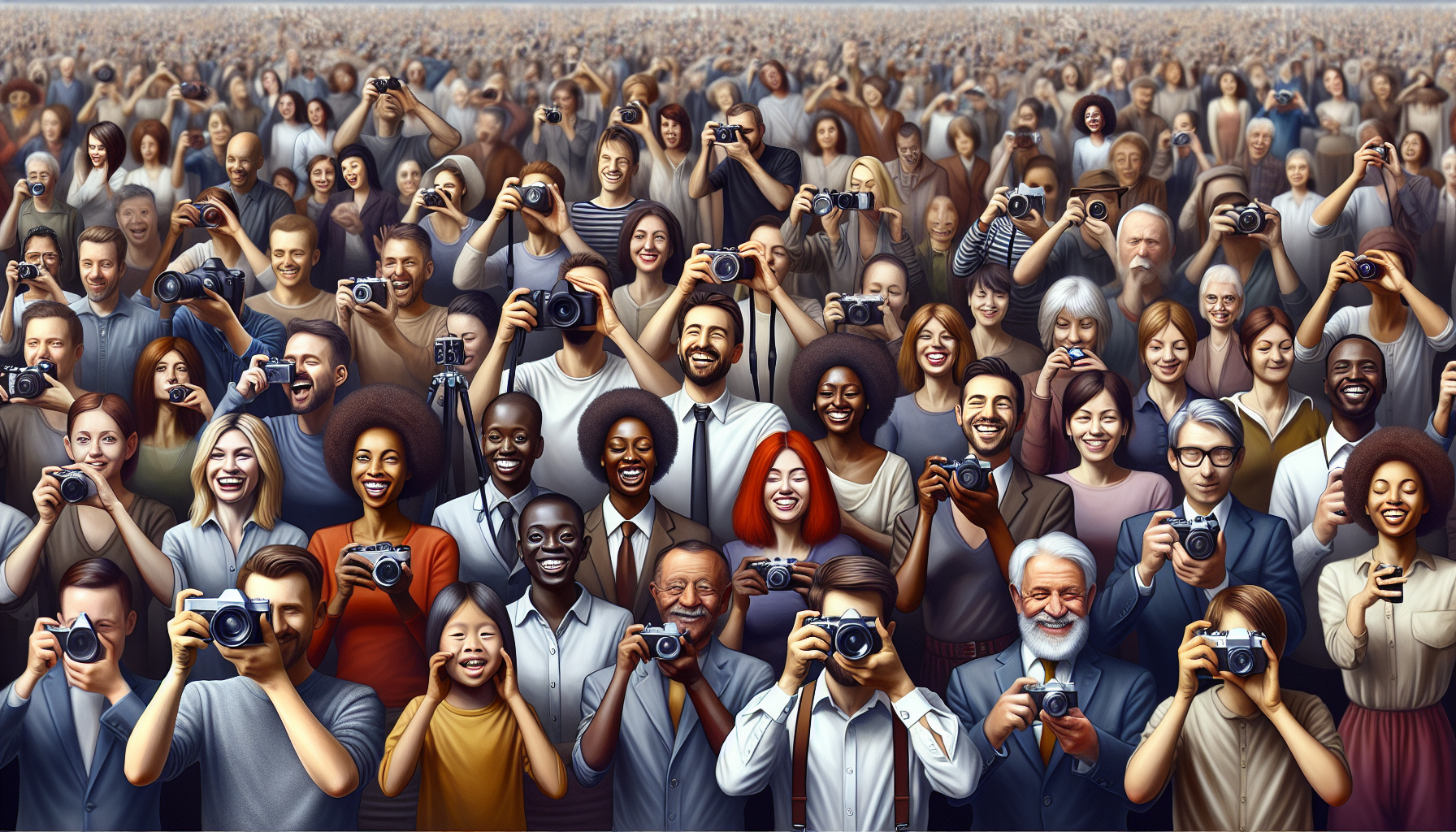 Image of large group of people all holding a camera and smiling to show that everyone is a photographer