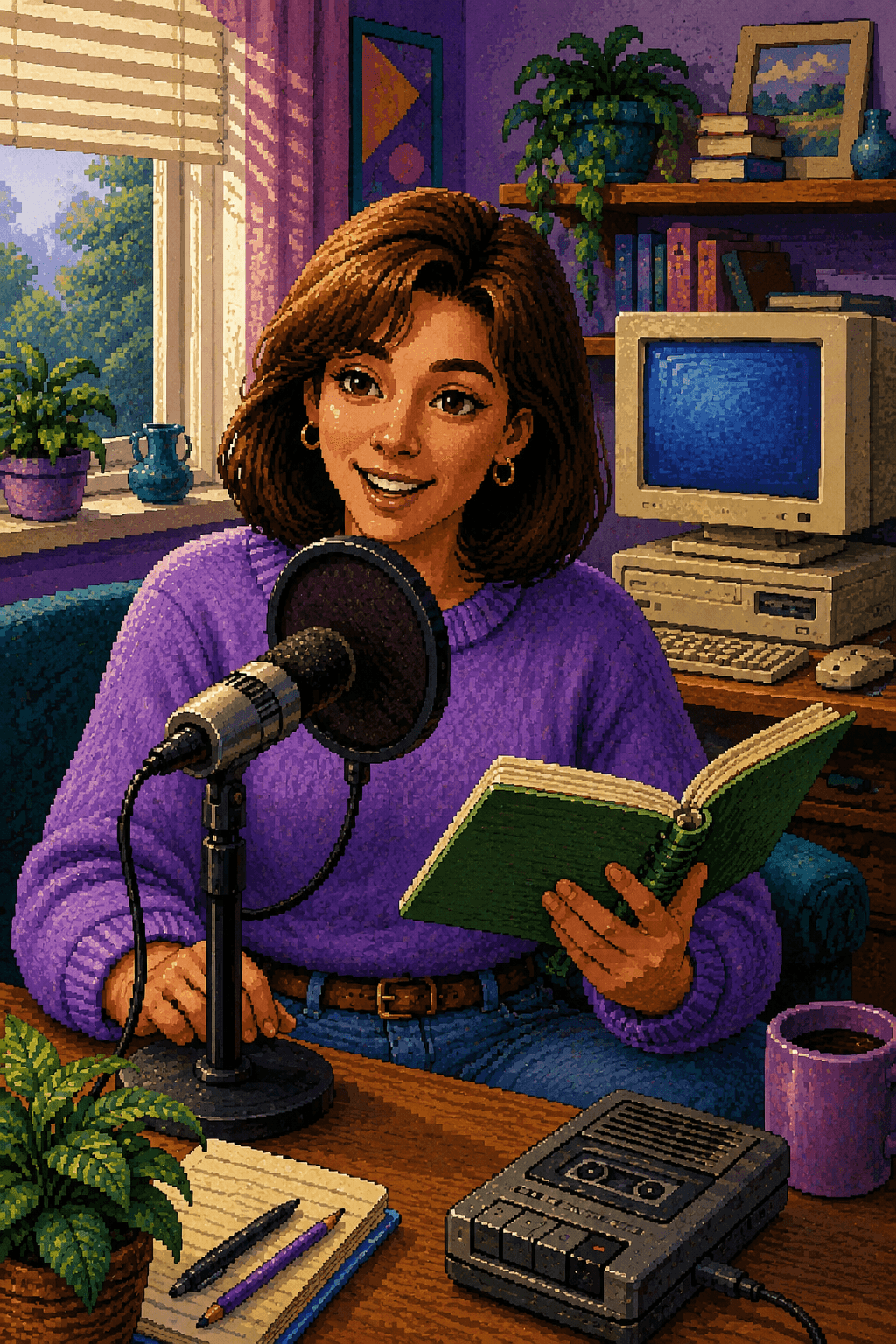 Sierra-style pixel art illustration of a podcast host recording at home with a microphone, pop filter, notebook, and audio recorder