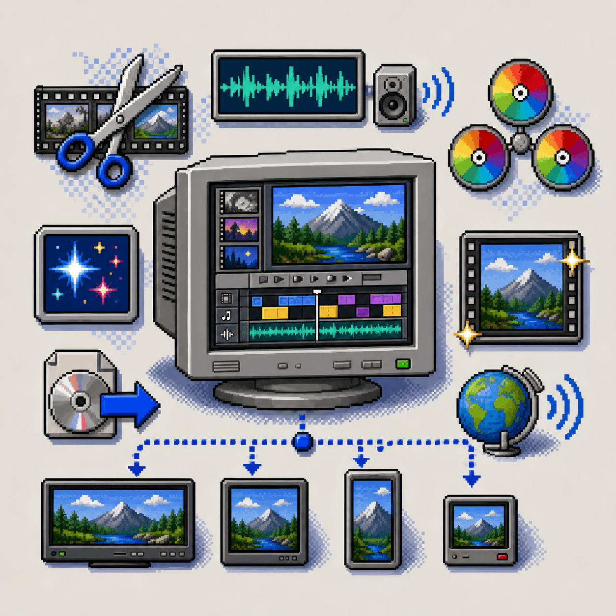 Windows 98-inspired pixel art showing video editing, audio mixing, color correction, visual effects, exporting, and multiplatform content delivery.