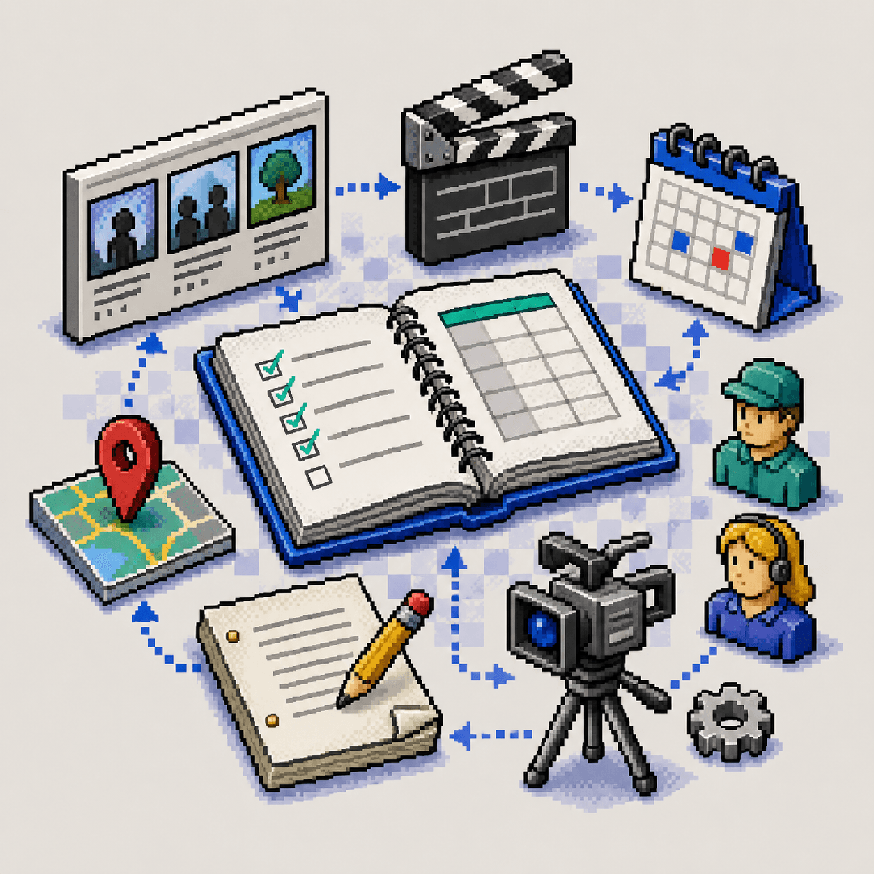 Windows 98-inspired pixel art showing a storyboard, production planner, script, camera, crew, location map, and shooting schedule.