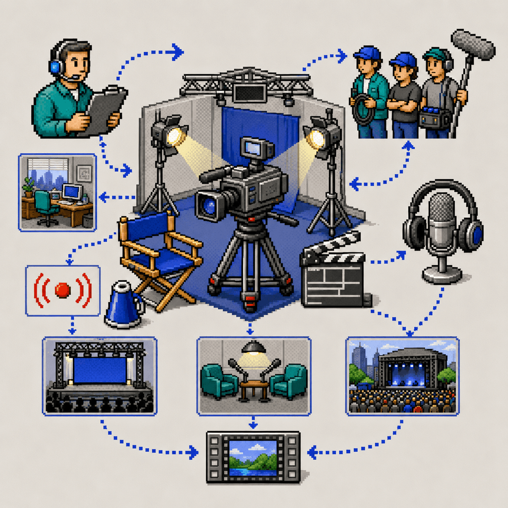 Windows 98-inspired pixel art showing a camera crew filming in a controlled studio with lights, podcast equipment, and live-event production scenes.
