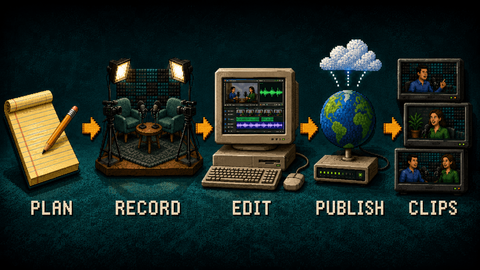 Video podcast production workflow showing planning, recording, editing, publishing, and creating social media clips