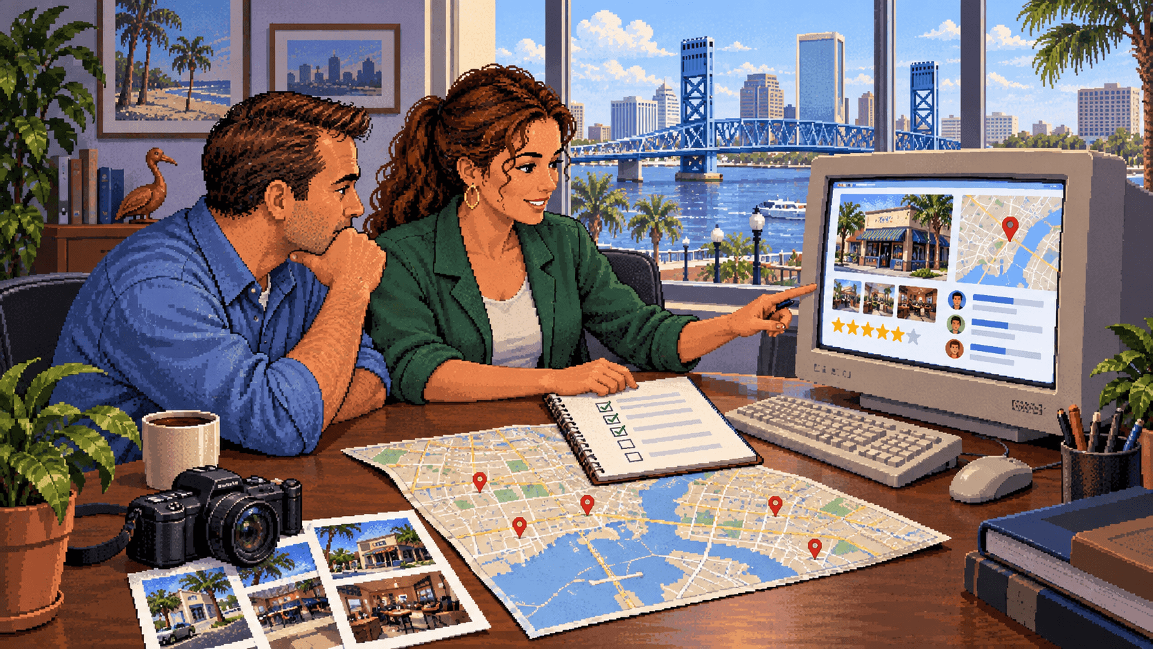 A Jacksonville business owner and SEO professional reviewing a website, map, reviews, photos, and an audit checklist.