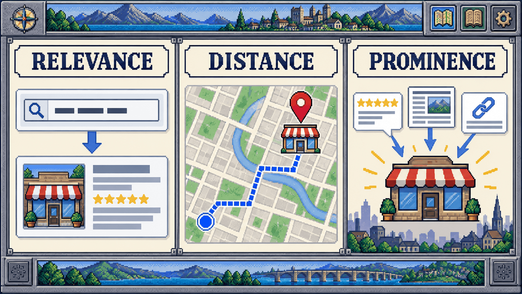 Three illustrated panels explaining relevance, distance, and prominence in local search.