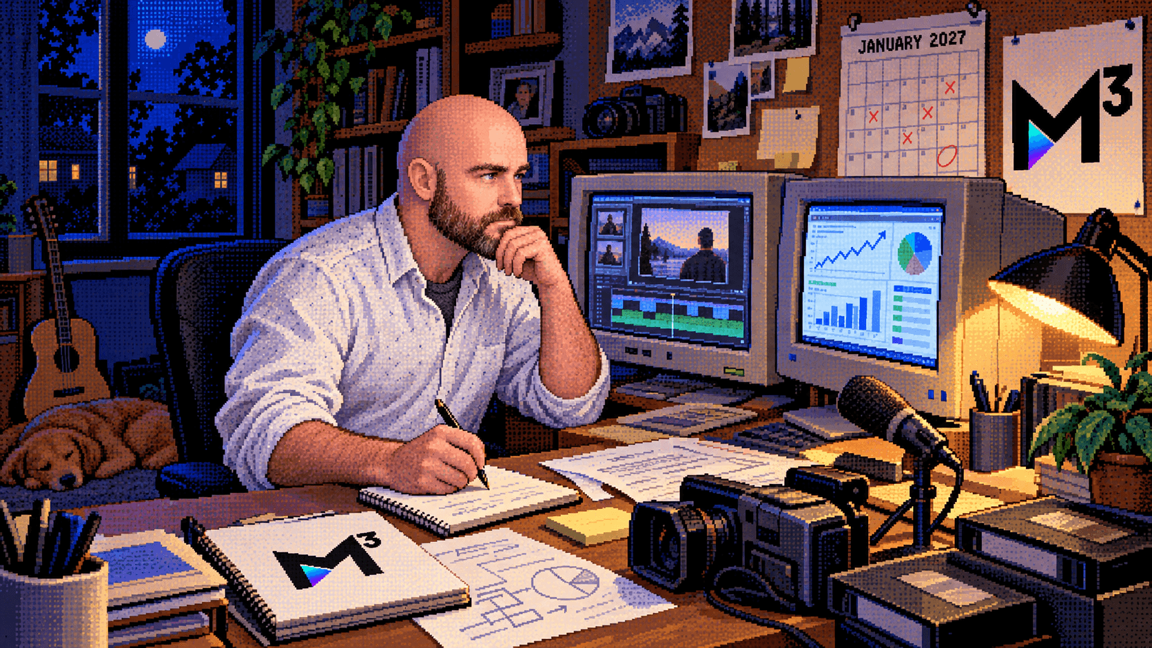 Marshall Malone works late in a home office on video editing, SEO analysis, marketing plans, and the January 2027 M3 business launch.
