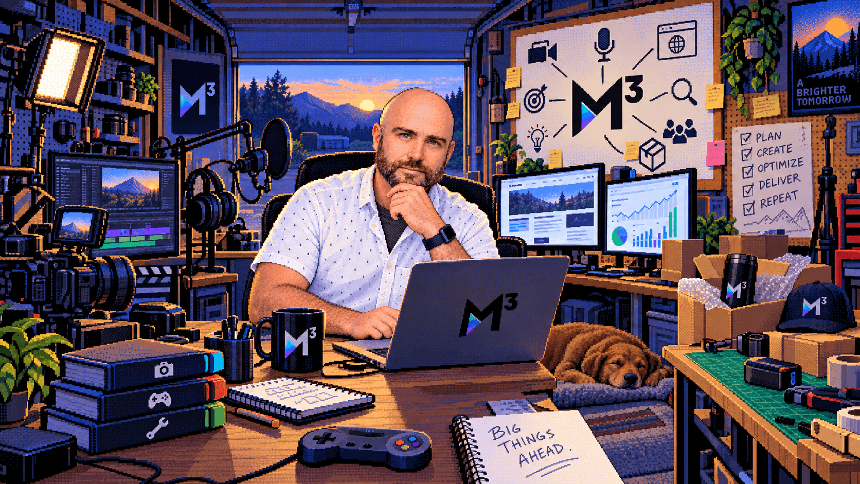 Marshall Malone builds M3 in a garage studio surrounded by video, podcast, website, analytics, product, and brand-development work.