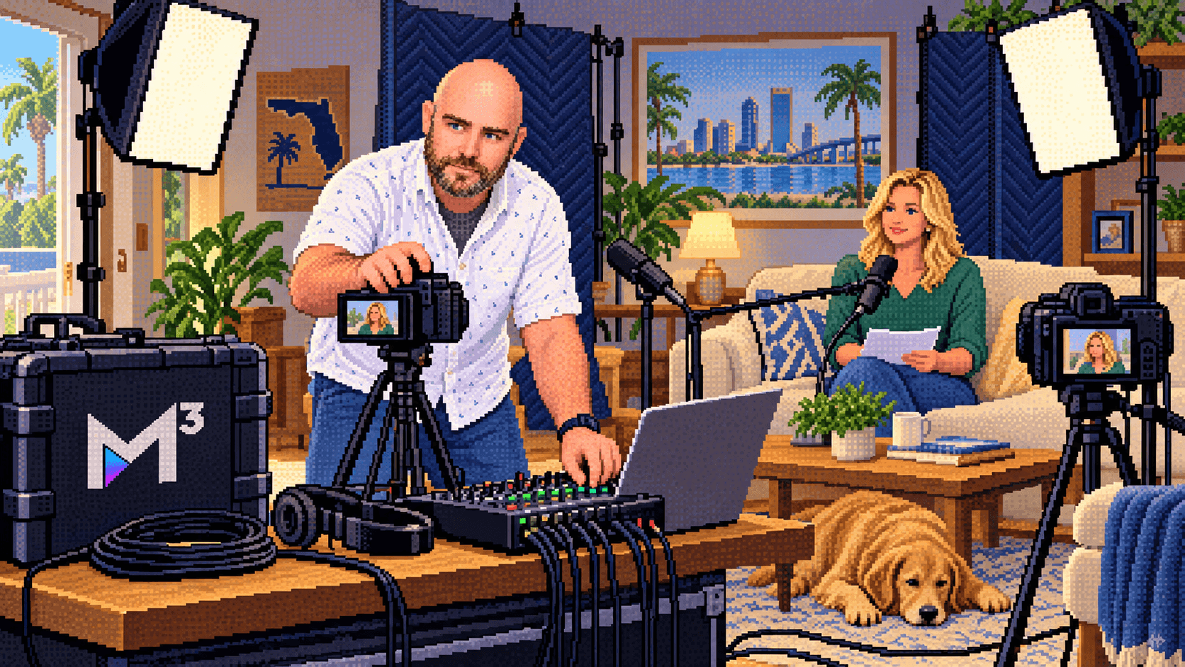 Marshall Malone sets cameras, lighting, and an audio mixer for a professional podcast recording in a blonde woman's home.