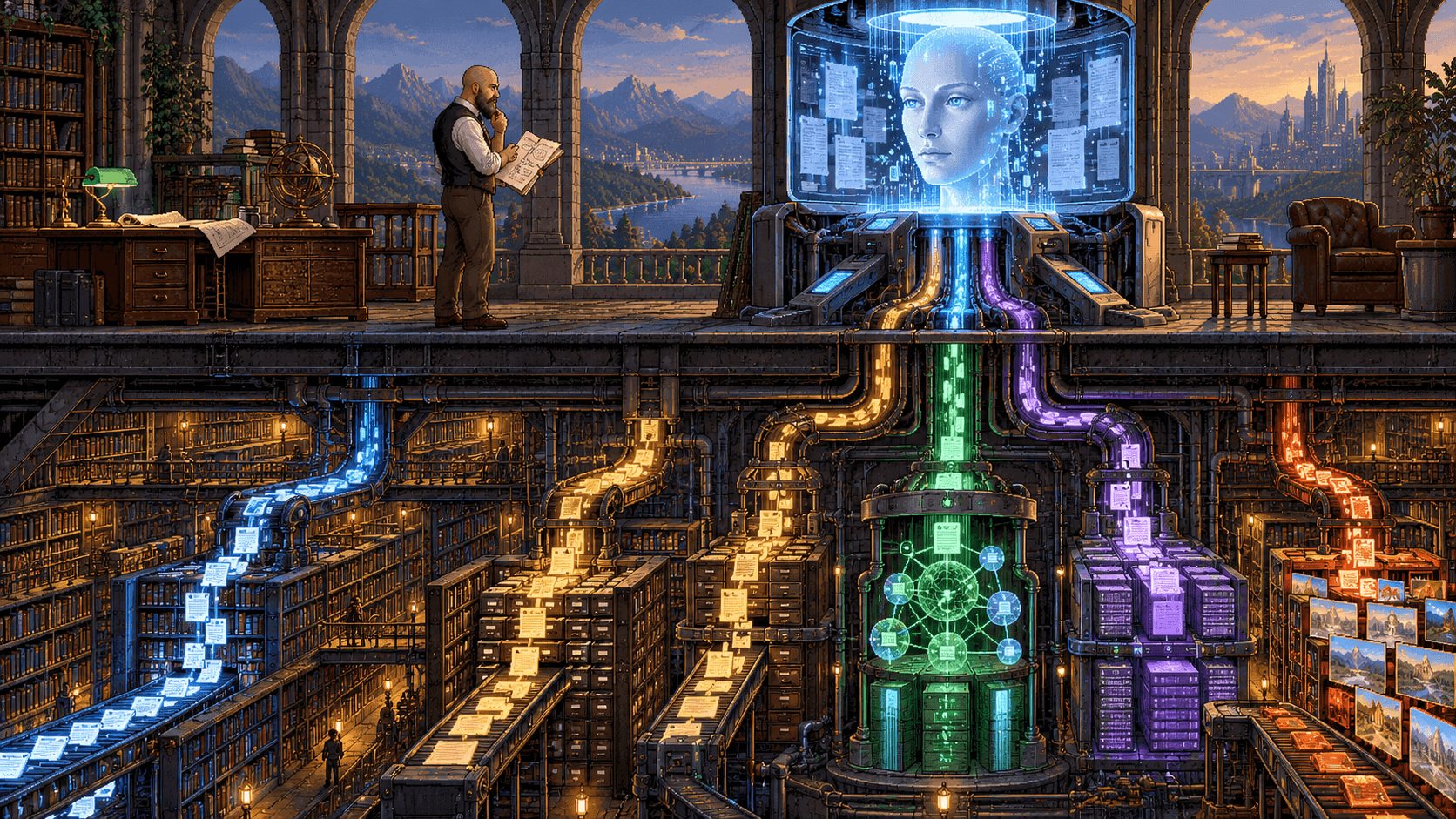 Vast digital library, search index, and entity systems feeding a generative AI answer interface while an experienced SEO strategist studies the process.