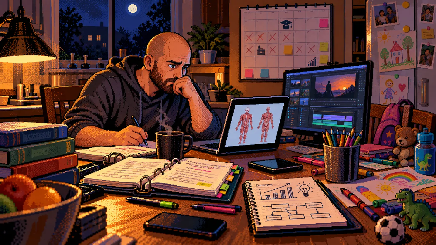 An adult student balancing anatomy coursework, parenting, client work, and business projects at home.