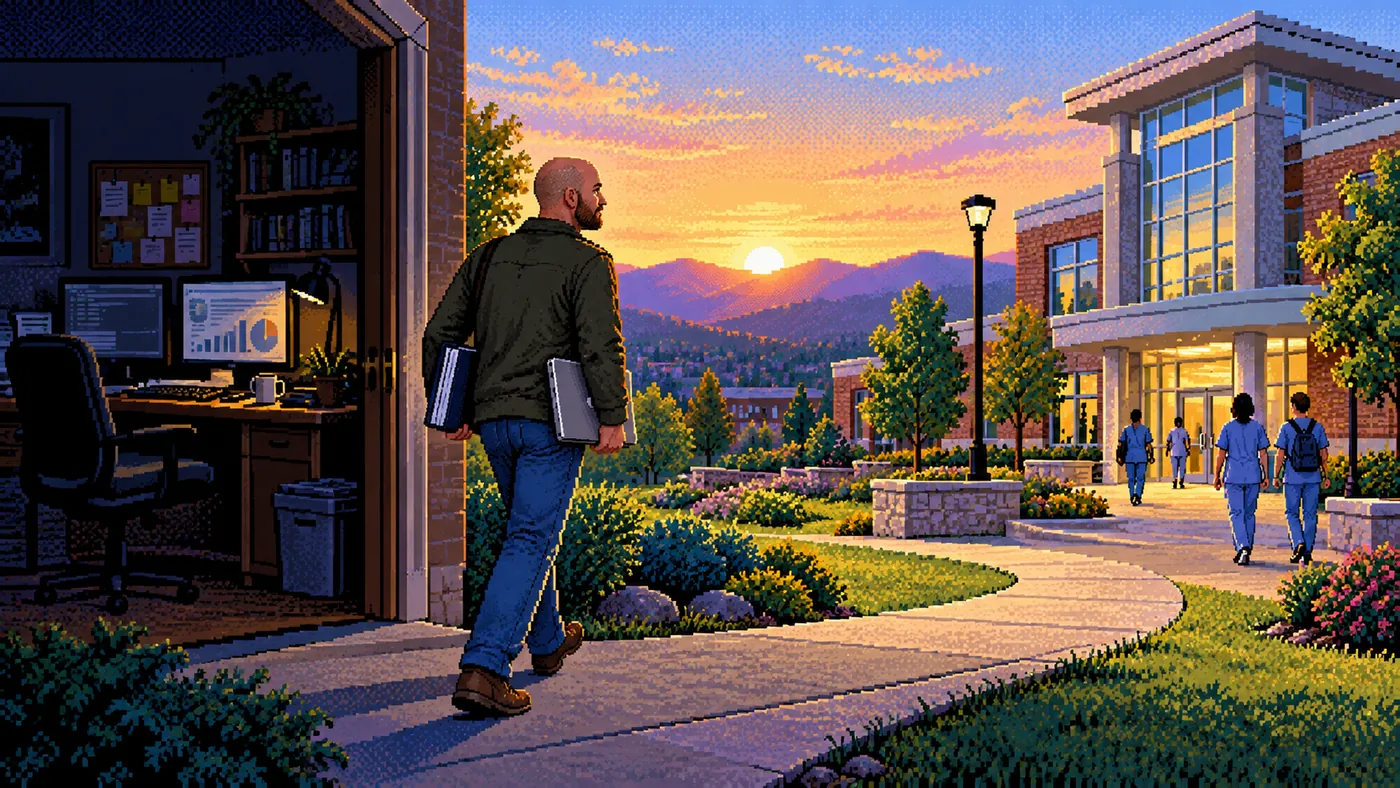 A man in his 40s leaving a digital marketing office to begin healthcare studies at college.