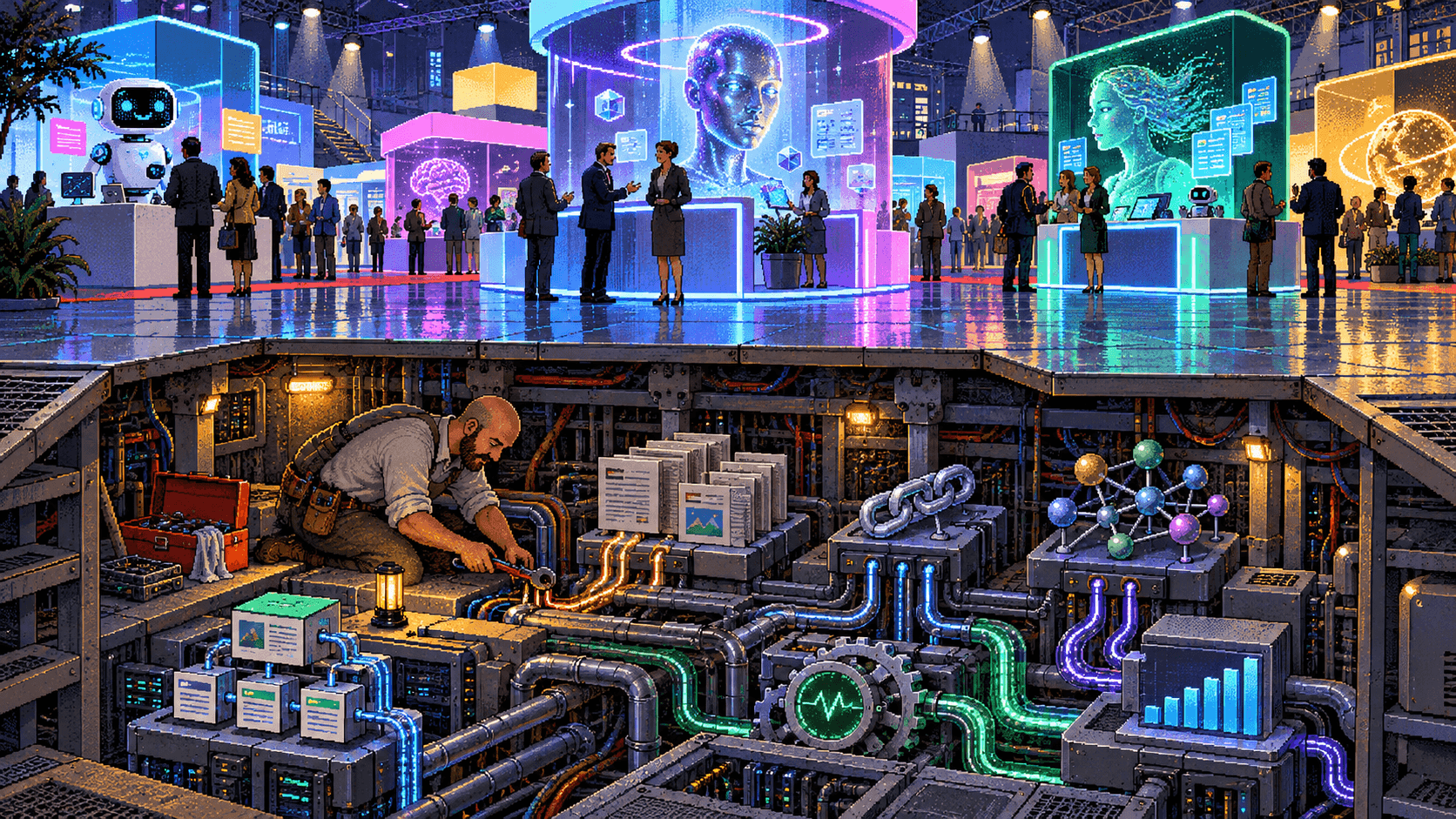 Flashy AI marketing expo above an experienced SEO strategist maintaining the content, link, entity, technical, and analytics systems beneath it.