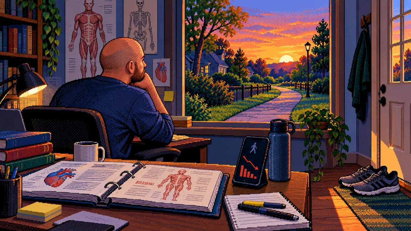A man studying anatomy while reflecting on lost walking habits and declining physical activity.
